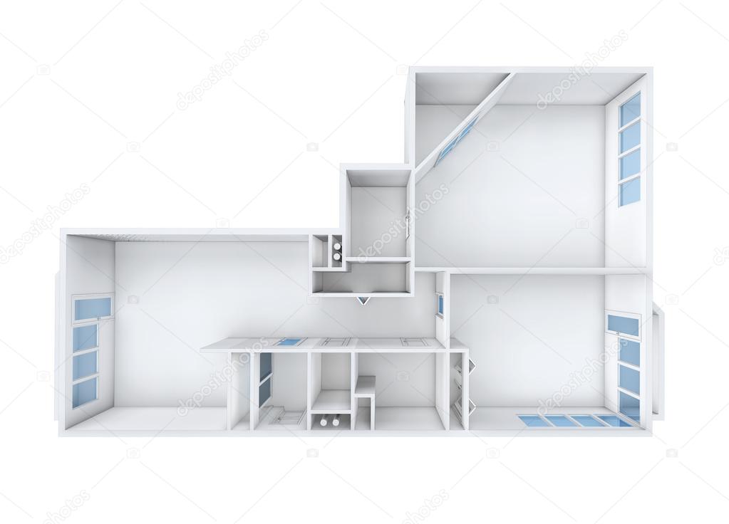 3D rendering. Model of the three-room apartment. The empty apartment without furniture, bathroom equipment and finishing. 