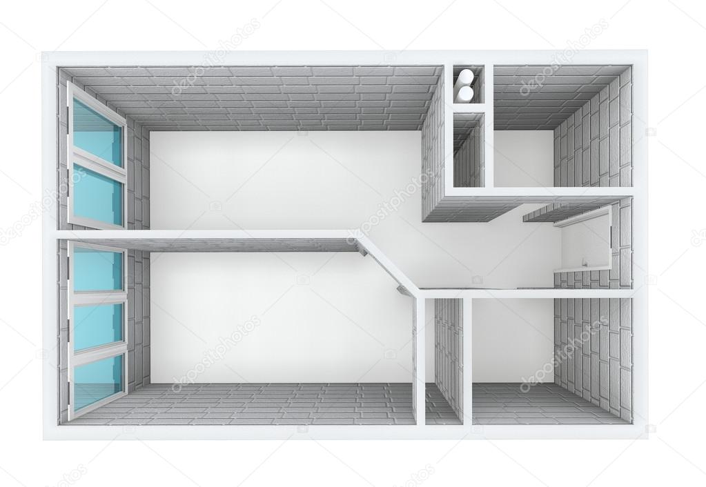 3D rendering. Model of the one-room apartment. Walls from a grey brick. The empty apartment without furniture, bathroom equipment and finishing. 