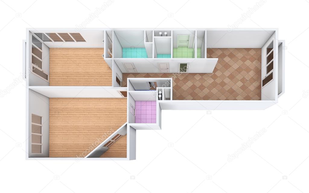 3D rendering. Model of the three-room apartment,  tile and parquet. The empty apartment without furniture, bathroom equipment and finishing.