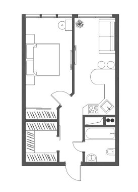 draft plan of the one-room apartment with furniture clipart