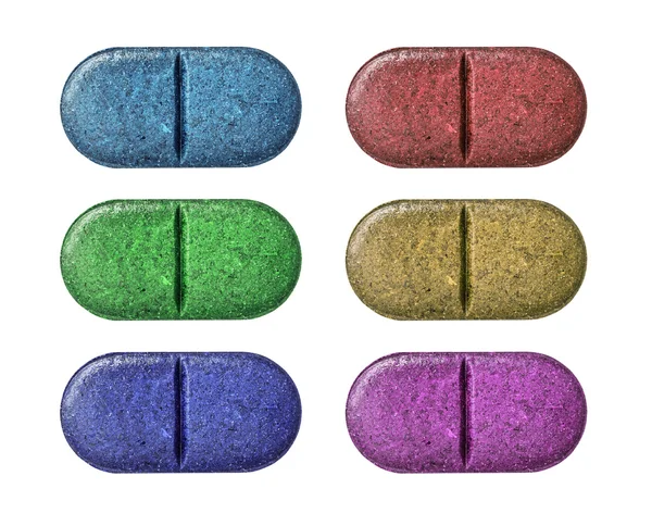 Set di compresse multicolore pillola medica isolato su bianco — Foto Stock