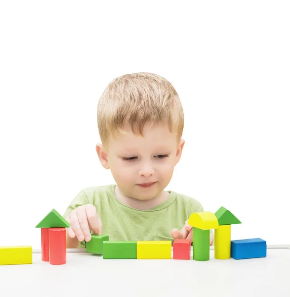 Child Playing Toys Blocks. Isolated White Background. — Stock Photo, Image