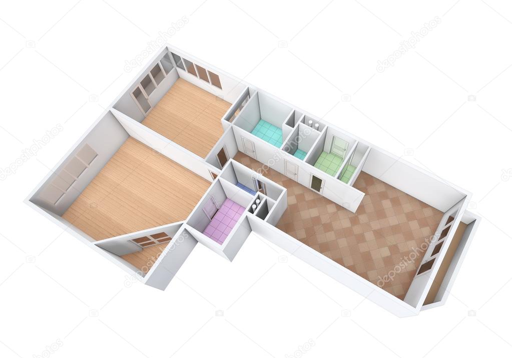 3D rendering. Model of the three-room apartment