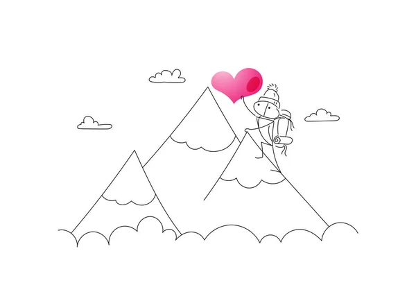 Guy Conquers Mountain Peak Sake Great Love Carries Pink Heart — Stock Vector