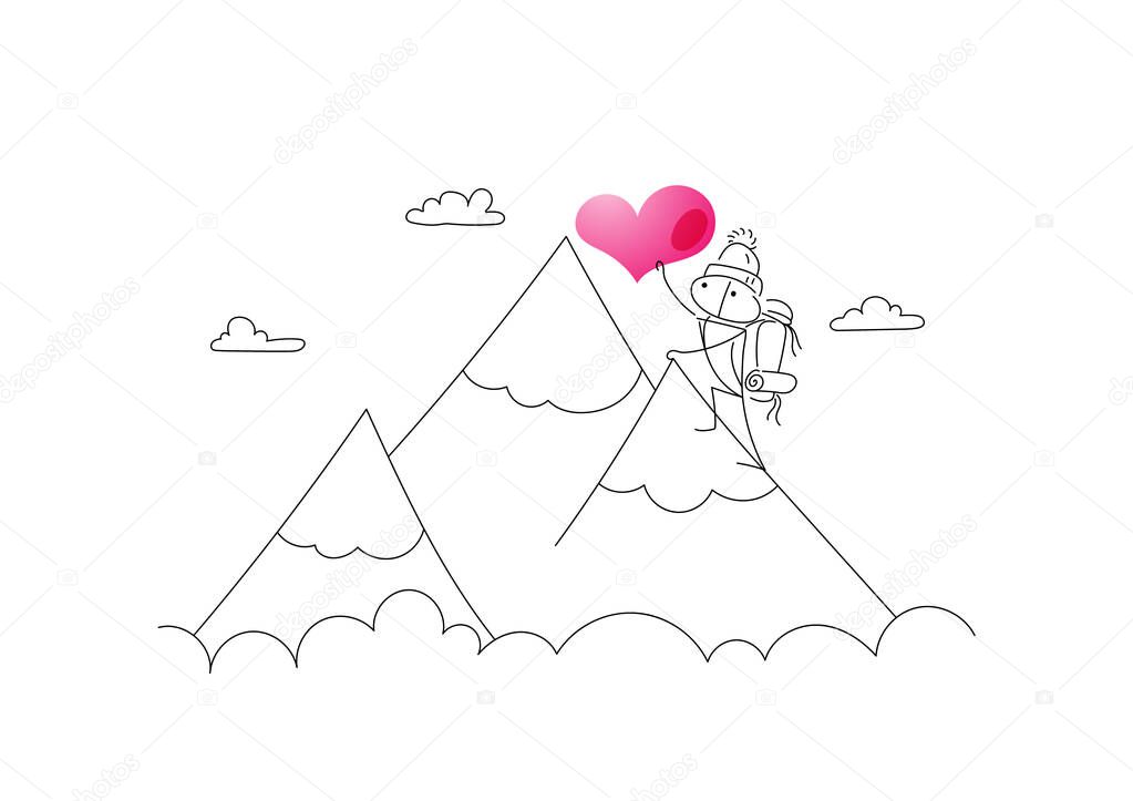 A guy conquers a mountain peak for the sake of great love. Carries a pink heart in her hands. Characters are created in a linear style with a black line. Combined with brightly colored elements