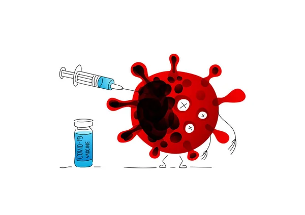 Coperid 2019 aşısı Coronavirus enfeksiyonu bakterisine enjekte edilir. Virüs ölür. Karakterler siyah çizgili doğrusal olarak oluşturulur. Parlak renkli elementlerle birleştirilmiş — Stok Vektör