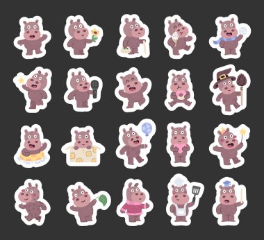 Hippo character set in scandinavian style with charming emotions and poses holding flower, basket, wand, ice cream, snowball, microphone, donut, balloon, heart, leaf, broom