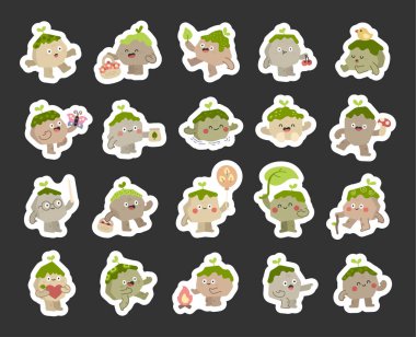 Stone character set in scandinavian style showing different emotions and poses with basket, leaf, cherry, bird, butterfly, mushroom, balloon, wand, heart, fire, for your projects