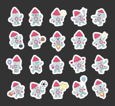 Rocket character set in scandinavian style adorable show different emotions and poses while holding gift, balloon, cookie, trophy, basket, pointer, magic wand and mirror