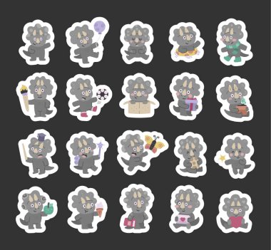 Triceratops character set in scandinavian style with different emotions and poses, holding book, ice cream, balloon, paintbrush and gift, pot, pointer, egg, apple and envelope, heart