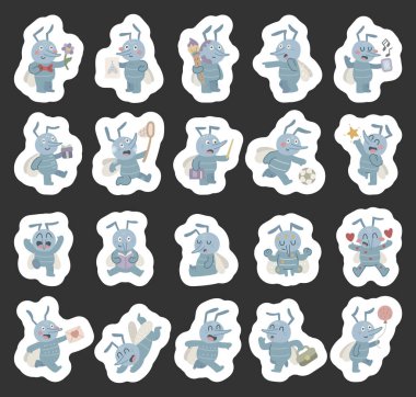 Mosquito character set in scandinavian style showing different emotions and poses holding flower, gift, book, pointer, balloon, briefcase, envelope, paintbrush, smartphone, butterfly net