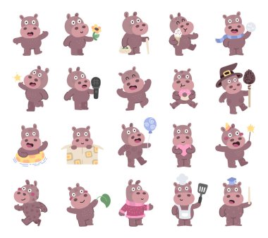 Hippo character set in scandinavian style with charming emotions and poses holding flower, basket, wand, ice cream, snowball, microphone, donut, balloon, heart, leaf, broom