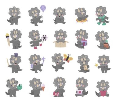 Triceratops character set in scandinavian style with different emotions and poses, holding book, ice cream, balloon, paintbrush and gift, pot, pointer, egg, apple and envelope, heart