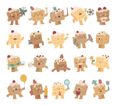 Waffle character set in scandinavian style with different emotions and poses, holding balloon, gift, butterfly, ice cream, candy, envelope, heart, pointer, magic wand, snowball, and book