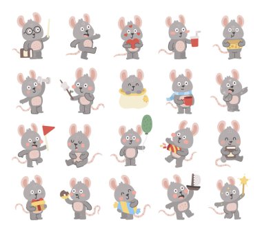 İskandinav tarzında hazırlanmış ve elinde kitap, peynir, çörek, hazır kahve, hediye, balon, bayrak, marşmelov, dambıl, dambıl, gemi gibi pozlar veren bir fare karakteri.