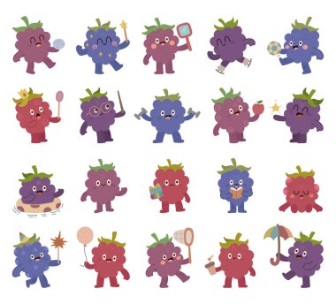 Farklı duygulara sahip İskandinav tarzında hazırlanmış Blackberry karakteri sihirli değnek, ayna, kartopu, halter, elma, kitap, şemsiye, balon, paket kupası, kelebek ağı, gif