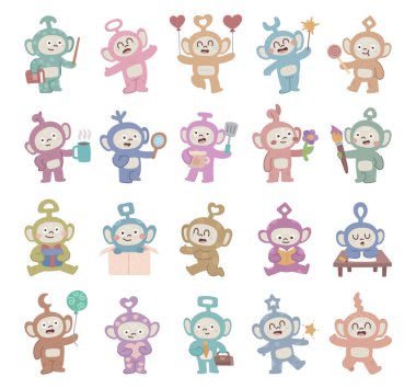 Bebek robot karakteri İskandinav stili androidle ayarlanmış farklı duygular gösteren ve elinde kitap, boya fırçası, balon, kupa, çiçek, ayna, kalp gibi pozlar veren.