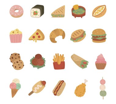 Donut, suşi, taco, guacamole, khachapuri, patlamış mısır, pizza, kruvasan, panini, hamburger, kurabiye, köfte, shawarma, dondurma, dango...