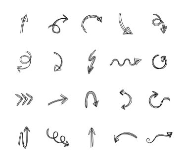 El yazısıyla çizilmiş ok ana hatları çizgisi çizimi, çeşitli eğri ve bükülmüş yönleri, soyut el çizimi çizimleri, navigasyon ve hareket tasarımı kompozisyonu için göstermektedir.