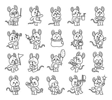 Fare karakteri, farklı duyguları gösteren ve elinde kitap, peynir, çörek, yemek kupası, hediye, balon, bayrak, marşmelov, dambıl, dambıl, gemi gibi pozlar veren bir taslak çizer.