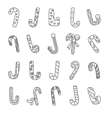 Şekerleme kamışı, geleneksel bayram ziyafetleri ve şekerleme dekorasyonlarının mevsimlik etkinlikleriniz için mükemmel olduğu kış kutlaması için ana hatlarıyla çizilmiş sanat eserleri, şenlik tatlıları.