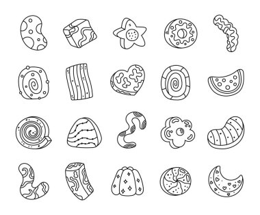 Şekerleme seti ana hatlarda çeşitli çerez tatlılarını ve şekerleme şekilli jöleli şekerlemeleri gösteriyor. Çizimleriniz ve tasarım projeleriniz için mükemmel.