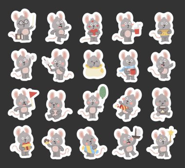 İskandinav tarzında hazırlanmış ve elinde kitap, peynir, çörek, hazır kahve, hediye, balon, bayrak, marşmelov, dambıl, dambıl, gemi gibi pozlar veren bir fare karakteri.