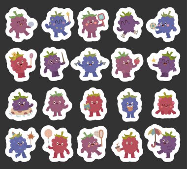 Farklı duygulara sahip İskandinav tarzında hazırlanmış Blackberry karakteri sihirli değnek, ayna, kartopu, halter, elma, kitap, şemsiye, balon, paket kupası, kelebek ağı, gif