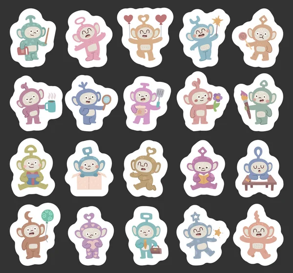 Bebek robot karakteri İskandinav stili androidle ayarlanmış farklı duygular gösteren ve elinde kitap, boya fırçası, balon, kupa, çiçek, ayna, kalp gibi pozlar veren.