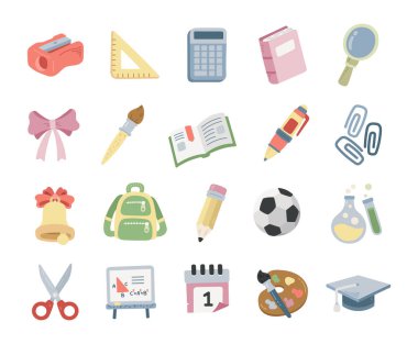 İskandinav stili eğitim kırtasiyesi ve sınıf öğrenme nesneleri ile farklı çalışma araçları ofis ekipmanları bilim sporları ve yaratıcı tasarım projeleri için aksesuarlar üzerine kurulu okul.