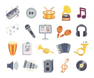 Yaratıcı müzikal eğitim tasarımı ve performans projeleri için çeşitli vurmalı çalgıları gösteren İskandinav tarzı enstrüman ve ses ekipmanlarında müzik seti