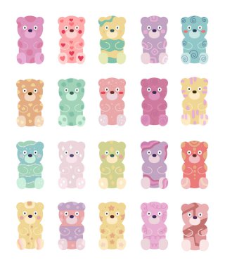 İskandinav usulü jelibon seti. Lezzetli tatlı şekerlemeleri, tatil kutlaması için yapılmış jöleli şekerlemeleri ve projeleriniz için el yapımı şekerlemeleri gösteriyor.