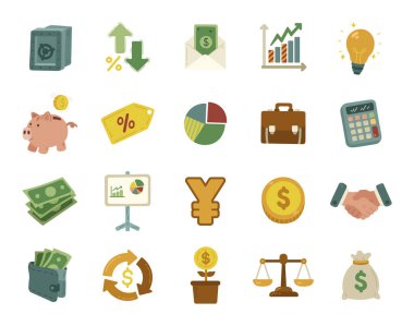 Para para para birimi sembollerinin yer aldığı İskandinav tarzı bütçe ve finans modern ekonomik tasarım ve yaratıcı illüstrasyon projeleri için ofis objeleri ve finansal unsurlar