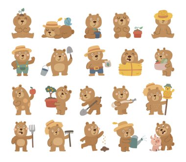 İskandinav tarzında belirlenmiş ayı çiftçi karakteri farklı duygular gösteriyor ve çiftlik faaliyetleri ve bahçe işleri yapan hayvanlara gıda hasadı araçlarıyla poz veriyor.