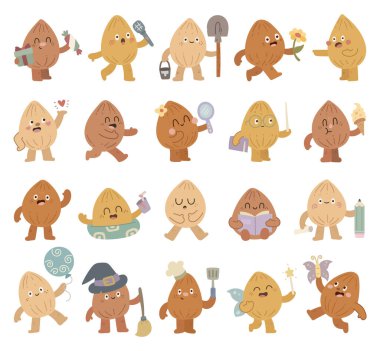 İskandinav tarzında hazırlanmış badem fıstığı karakteri çeşitli şirin duygular ve pozlar gösteriyor. Hediye, kitap, tatlı, yemek pişirme, eğitim ve tasarım projeleri için kutlama.