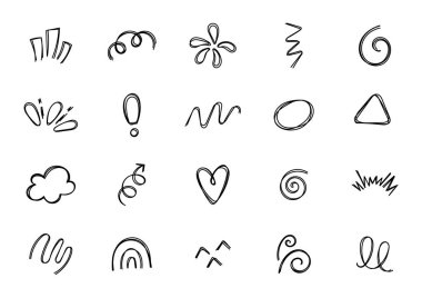 El çizimi dekorasyon ve sanatsal çizim için asgari geometrik sembolleri ve kontur elementlerini gösteren soyut şekil çizgisi çizim formu kümesi