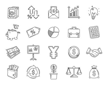Bütçe ve finans, para para para birimi sembolleri, ofis objeleri ve modern ekonomik tasarım ve yaratıcı illüstrasyon projeleri için finansal unsurlar içeren ana hat sanatı olarak belirlendi