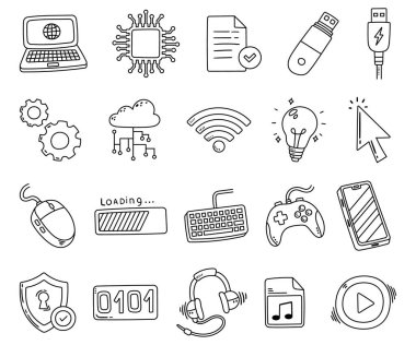 Bilgi teknolojisi, dijital veri aktarımı yenilikçi depolama bağlantısını ve çevrimiçi ağ arayüzünü gösteren modern iletişim ve hesaplama cihazlarının ana hat sanatı olarak ayarlandı