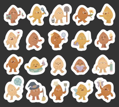 İskandinav tarzında hazırlanmış badem fıstığı karakteri çeşitli şirin duygular ve pozlar gösteriyor. Hediye, kitap, tatlı, yemek pişirme, eğitim ve tasarım projeleri için kutlama.