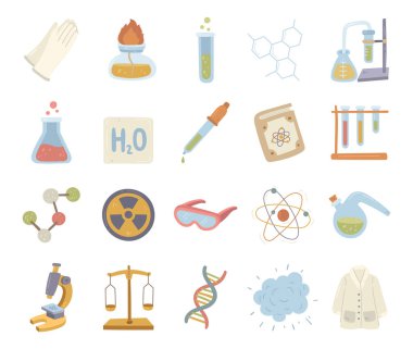 Reaksiyonları incelemek için laboratuvar araçlarını ve bilim ekipmanlarını gösteren İskandinav tarzında bir kimya seti. Moleküller DNA güvenlik araştırmaları ve eğitim projeleriniz için mükemmeldir.