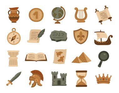 İskandinav tarzında ayarlanmış tarih amfora ve madeni parayı gösteriyor. Küre, lir, kaydırma, pusula ve parşömen, kalkan, sütun ve kitap, harita, piramitler, kılıç, kale ve kum saati.