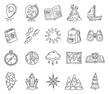 Yerküreyi, haritayı, volkanı, pusulayı, kristali, dağ ve seyahat macera sembollerini gösteren ana hat sanatı seti.