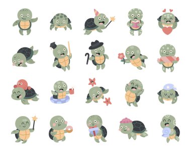 Deniz kaplumbağası karakteri İskandinav tarzında ayarlanmış gülümseyen pozlarla büyüleyici tatil anları sergiliyor, kitap okuyor, tutuyor, maytap, hediye, kalp, işaret, çiçek