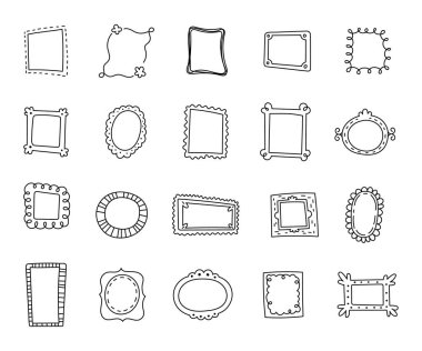 Farklı el yapımı kenarlıkları gösteren dekoratif tasarım ögesi için eğri karalama çerçevesi ana hatları yaratıcı projeleriniz için çizimler ve sanat nesneleri çizer