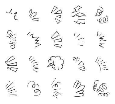 Çizim tasarımı için mükemmel kullanılan çeşitli soyut el çizimleri ve çizim çizimleri ve en az el yapımı sanat projelerini gösteren karalama çizimi seti