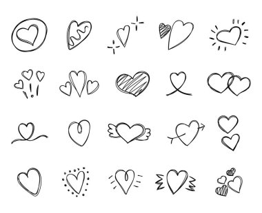 Sevgi dolu sevgililer günü karalaması seti. Sevgi, mutluluk ve kutlama ve dekorasyon projelerinizi sembolize eden büyüleyici bir el çizimi.