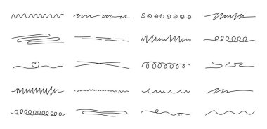 Çeşitli el çizimleri, akış eğrileri, kıvrımlı, soyut dalgalar, serbest hatlar ve dekoratif tasarım unsurları olan altı çizili karalama seti