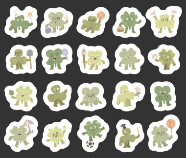 Maytap, cüzdan, basketbol, evrak çantası, kalp ve kürek, ayna, boya fırçası ve çörek, yaprak, çiçek ve şemsiye, işaretçi, balon gibi İskandinav tarzında dizilmiş Yonca karakteri.