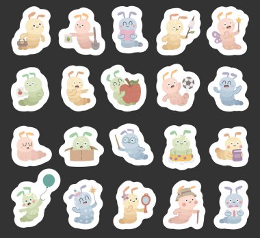 Tırtıl karakteri İskandinav tarzı çanta, kürek, kalp, marşmelov, elma, kalem, kitap, balon, ayna, maytap, hediye, baston gibi resimleriniz için ayarlandı.