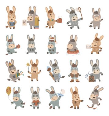 Değişik duygular ve pozlar gösteren, elinde kitap, kalem, kupa ve kurabiye, mektup, maytap ve boya fırçası, balon, kalp ve yelkenli.